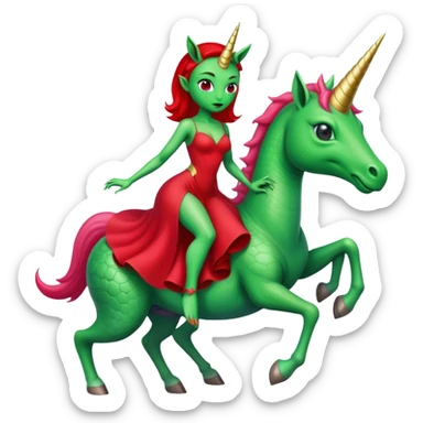 "reptilian green alien woman in red dress", rides unicorn
 sticker