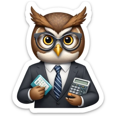 Twilio owl wearing finance outfit with business suit and tie, holding calculator sticker