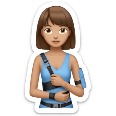 create an emoji of a woman with brown hair and a fringe with her right arm in a brace/sling  sticker