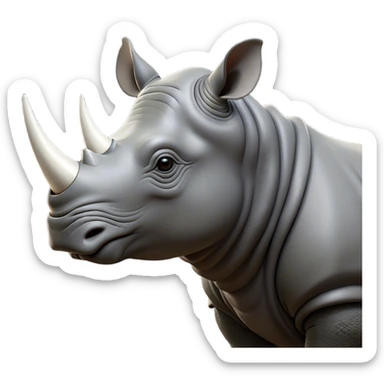 Cinematic Noble Rhinoceros Portrait Emoji, Poised and regal, with a massive, powerful build and a thick, armored hide of slate gray, accented by a prominent, striking white horn, deep-set soulful piercing eyes, Simplified yet sharp and sophisticated features, highly detailed, glowing with a soft, dignified glow, high shine, intelligent and formidable, stylized with an air of ancient might, focused and attentive, soft glowing outline, capturing the essence of a watchful and commanding behemoth, so majestic it feels as though it could charge out of the screen with effortless authority! sticker