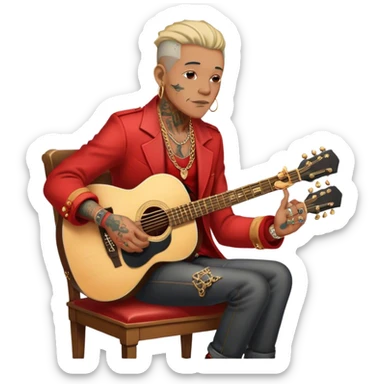 Icon for Chanson: Old chanson singer with tattoos, red jacket, gold chains, sitting on a chair with an acoustic guitar. The atmosphere should reflect a nostalgic, soulful vibe with vintage elements. Transparent background. sticker
