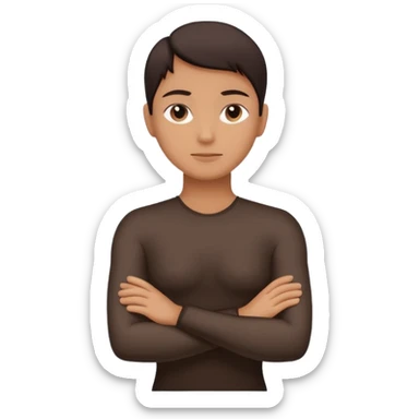 Minimalist human silhouette, upper body only, arms crossed, no facial features, solid dark shape, flat icon style, centered, transparent background sticker