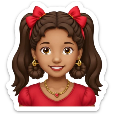 Brownskin girl dark brown hair fluffy. pigtails with red bows brown eyes smiling closed mouth red shirt gold esrrings gold necklace sticker