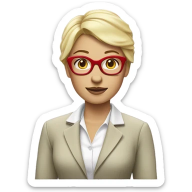 Blonde woman with short hair, greenish eyes, purple square glasses, wearing a white blouse with a red blazer on top.  sticker