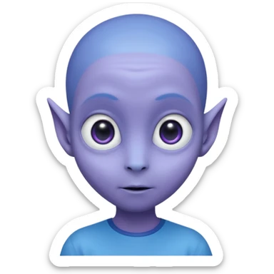 Portrait of an cute alien with smooth purple-blue skin, large black oval eyes, small nose, and visible ears, elongated head, front-facing, wearing blue t-shirt, soft glow, simple futuristic design sticker