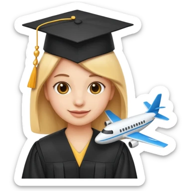 emoji student at university with graduation cap and airplane, happy, white background, sticker