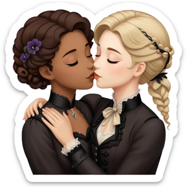 Victorian era lesbian couple kissing tenderly, eyes closed, different hair colors, wearing elegant dark period clothing sticker
