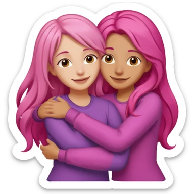 Surprisingly goofy once they open up. Strong, loyal, and incredibly supportive — but still hates wasting time. woman long pink hair hugging another person sticker