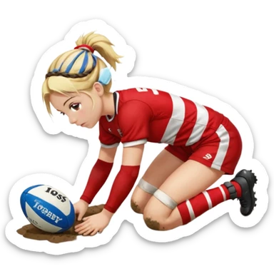 Emoji estilo iPhone de Chica de pelo rubio tirada en el suelo boca abajo agarrando un balón DE RUGBY con las manos vestida con una equipación de color rojo y blanco con líneas, manchada de barro y con unas botas de tacos de fútbol y el pelo con trenzas, se la tienen que ver las 2 piernas  sticker