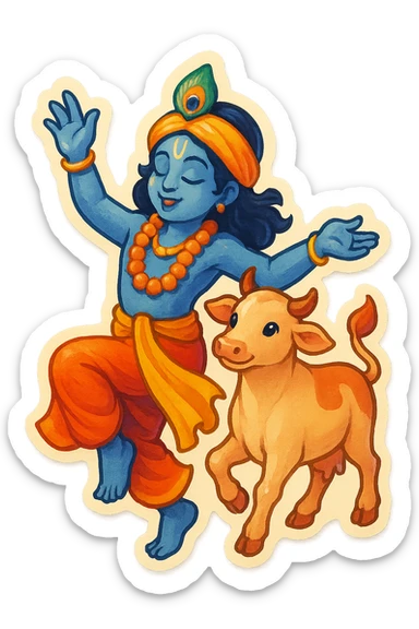 Hare Krishna themed sticker, Krishna dancing with a cow, colorful and cheerful, no text sticker