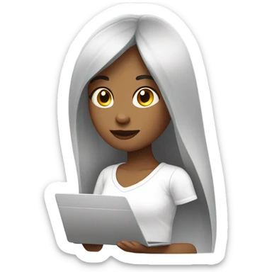 a girl with long straight hair and bangs working on a laptop (she is a marketer). wearing a white oversized t-shirt sticker