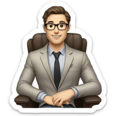 Pale skinned Fit Man With dark brown hair in gray jacket, beige office shirt and vintage glasses sitting In a soft chair with a notebook with emblem Ψ and a pen in his hands sticker