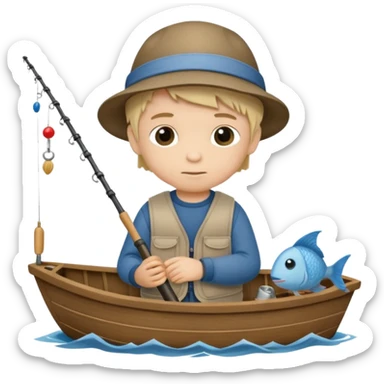 Little boy on a little boat fishing, felt texture, scrapbooking, precious moments style character sticker