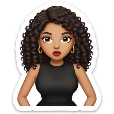 light brown skin tone, very beautiful woman, with big plump lips, long long lashes, black curly long hair, brown eyes, black dress sticker