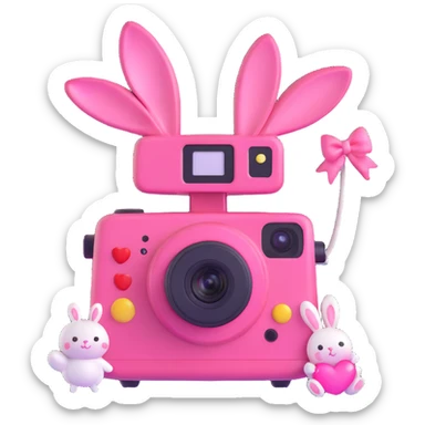 Cute pink instant camera with a bow, heart, and bunny decorations, shiny and glossy, in 3D iOS emoji style on a white background. sticker