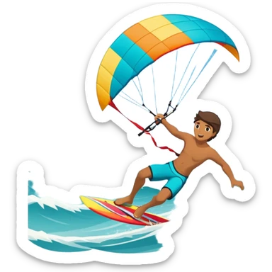 A kite surfer soaring above the waves, holding onto a kite with the wind in full force. The background showcases the ocean and sky, emphasizing the freedom, thrill, and energy of the sport. The motion of the kite and board is dynamic, capturing the excitement of kiting. sticker