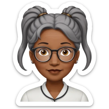 emoji of a black older women with black and gray hair in a ponytail with glasses and brown eyebrows sticker