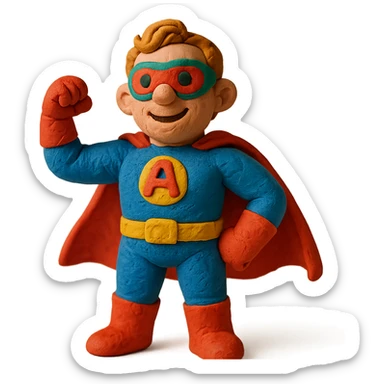 austincredible as a claymation superhero, bright colors, fun details sticker