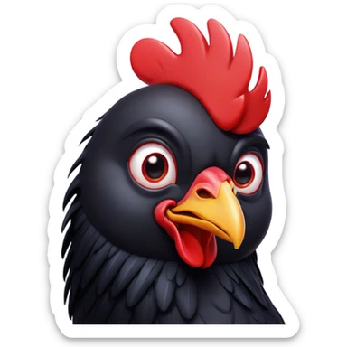 Cinematic Comical Black Chicken Portrait Emoji, Head tilted dramatically with an exaggeratedly amused expression, featuring a sleek, glossy black plumage with a bold red comb, wide, expressive beady eyes filled with playful disbelief, Simplified yet hilariously expressive features, highly detailed, glowing with a slightly sassy glow, high shine, dramatic yet playful, stylized with an air of cheeky mischief, bright and endearing, soft glowing outline, capturing the essence of a spirited and over-the-top chicken, so meme-worthy it feels like it could cluck its way into internet fame instantly! sticker
