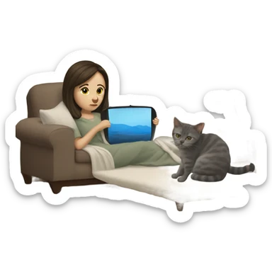 White Girl brunette watching tv covered with a cat blanke sticker