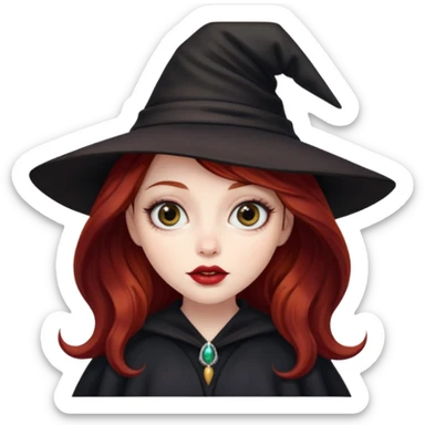 long and wavy dark red haired girl, with thick lips, big eyes and she looks like a witch sticker
