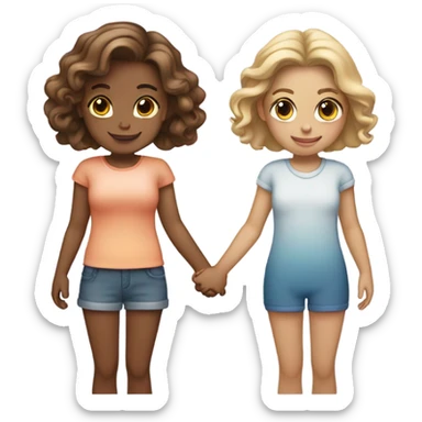 Two girls holding hands: one tanned with ombre hair and the other fair skin with dark blonde hair  sticker