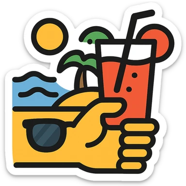 a hand with sunglasses holding a glass of fruit juice, beach background icon sticker