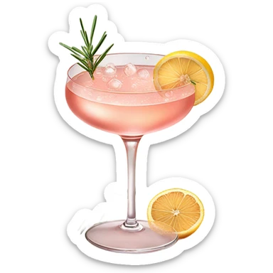 fizzy rosé elderflower fancy cocktail in a couple glass with rosemary garnish sticker