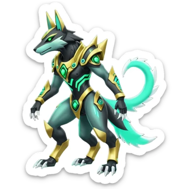 Black and green cyberpunk intricate neon glowing grey white futuristic cyborg-Anubis-Zeraora-Zoroark-fusion (full body) sticker