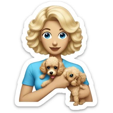 blonde mom with straight hair blue eyes holding cream colored puppy poodle  sticker