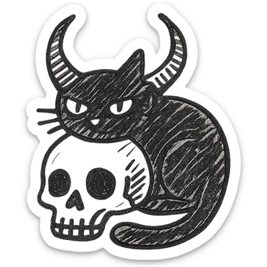 black cat with oversized demon horns, curled around a human skull, hand drawn style, expressive linework, no fill sticker