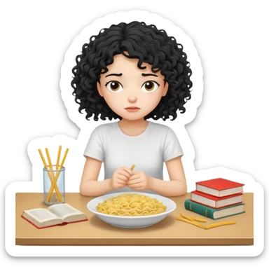 generate a pretty bratz fair skinned girl with curly black hair wearing a white tshirt sitting on a table with noodles and books. looking sleepy and tired sticker
