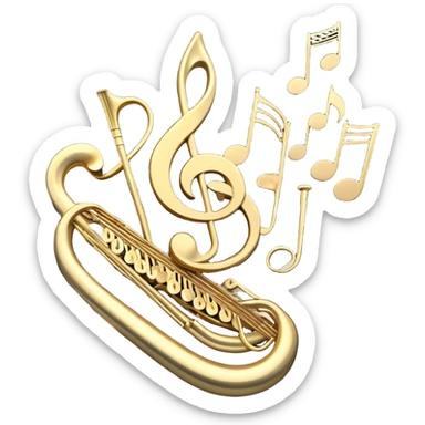 Create a sophisticated and celebratory emoji collage representing keyboard instruments, designed in the style of a coat of arms or crest. The design should feature surrounded by a ribbon of musical notes. The ribbon should intertwine with a second ribbon made of black-and-white piano keys, creating a flowing, symmetrical pattern.  The musical notes should be swirling around the design in a harmonious, festive arrangement. Use gold, silver, and rich wood tones to evoke a sense of luxury and professionalism, with the black-and-white keys of the piano adding contrast. The background should remain transparent sticker