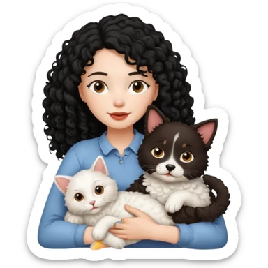 Moça branca com cabelo cacheado preto. Com um gato e um cachorro no colo sticker
