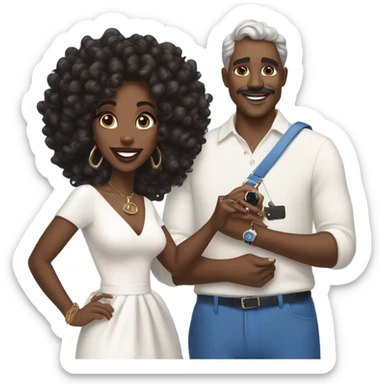 Brown Black woman in her mid-20s with blowout curls, wearing a white dress, holding a blue mini Hermes Kelly BAG, and a 7-carat ring. A White  man with blue eyes, dark grey hair, mustache, and an expensive watch, smiling at her.” sticker