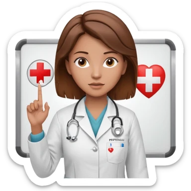 Teacher, female, brown hair up, holding a pointer to a white board with a CPR logo. sticker