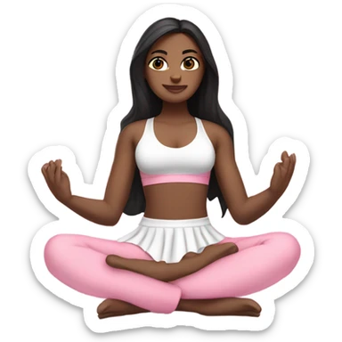 A white girl with brown eyes and black long hair,  is sitting in a lotus position in a pink bra top and short white skirts sticker