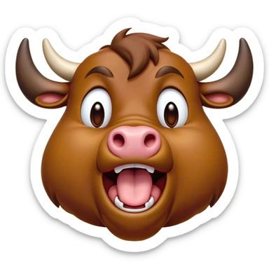Cinematic Cute Yawning Brown Bull Portrait Emoji, Head tilted slightly with a dramatic, wide-open yawn, showcasing a smooth, rich brown hide with a subtle texture, floppy ears slightly drooping, round dark eyes barely open in drowsy contentment, Simplified yet irresistibly adorable features, highly detailed, glowing with a soft, cozy glow, high shine, relaxed yet expressive, stylized with a touch of rugged whimsy, bright and endearing, soft glowing outline, capturing the essence of a sleepy yet affectionate guardian, so drowsy it feels like it could charge right out of the screen and curl up for a nap! sticker