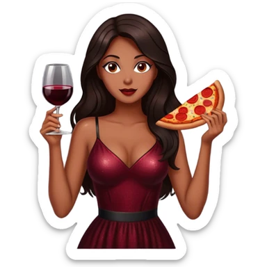 Beautiful woman in 1950’s woman fashion look, black shimmery dress, long dark brown hair, red wine, Pepperoni pizza sticker