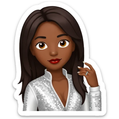 Chilli from TLC with dark skin, long dark brown hair, white sequin outfit sticker