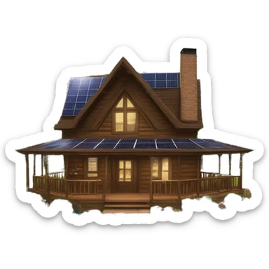 Skywalker Cabin is a clean Very big Wood Cabin near tree on the mountain in the background. The cabin is 5 stories tall with extensive solar arrays on top. The cabin sits on thick grass fields. porch lights on ,guests on porch smoking ,flowers and bushes  sticker