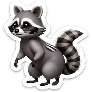 Cinematic-Raccoon-Realistic-Full-Body-Standing on all fours-Emoji – Tail flicking lazily, head tilted dramatically, thick grey fur with a signature black mask, sharp and alert ears, simplified yet realistic focused features, highly detailed, glowing with an almost sarcastic glow. sticker