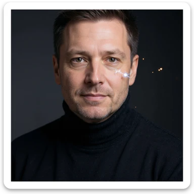 Vertical portrait, only the man's face, realistic style: relaxed expression, symbols of renewing cells or small sparks of energy near the face, atmosphere of cellular regeneration during fasting. sticker