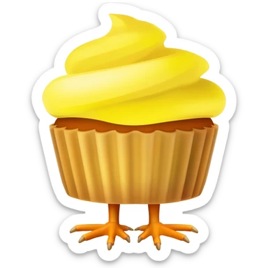 yelow chicken similar in appearance to the apple emoji, but inside a cupcake form and with baby  yellow frosting on its head, make th emoji standing like this one 🐣 sticker