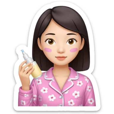 angelic asian girl doing skin care in pink pajamas, applying cream to her face sticker