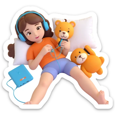 Girl lying on bed comfortably listening to music with wired earphones, holding a plush toy sticker