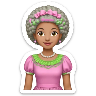 Pretty Brown woman with a very very short stylish gray Afro  wearing pink and green dress  and pearl blouse with sleeves sticker