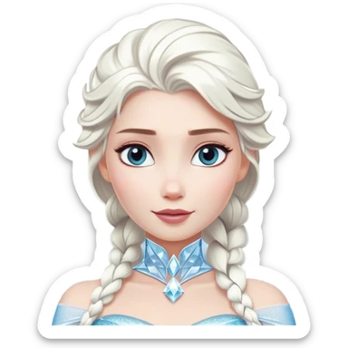 Cinematic Majestic Snow Queen Portrait Emoji, rendered in a clean, vector-style with bold, simplified shapes. Show Elsa with a serene, noble expression, luminous icy skin and gracefully styled platinum hair adorned with subtle crystalline accents, her attire minimal yet majestic. The design radiates a cool, crystalline glow with high shine and a soft glowing outline, embodying timeless, frosty elegance. sticker