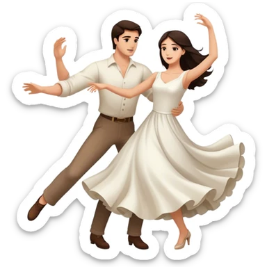 Beautiful woman in 1950’s woman fashion look, white dress, long dark brown hair, balboa couple dance, toss-out movement sticker