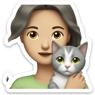  white woman with dark hair  and brown eyes cuddling grey cat with light green eyes  sticker